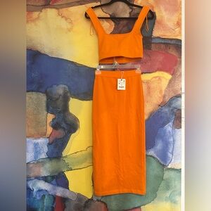 Zara Bright Orange Crop Top and Skirt Set